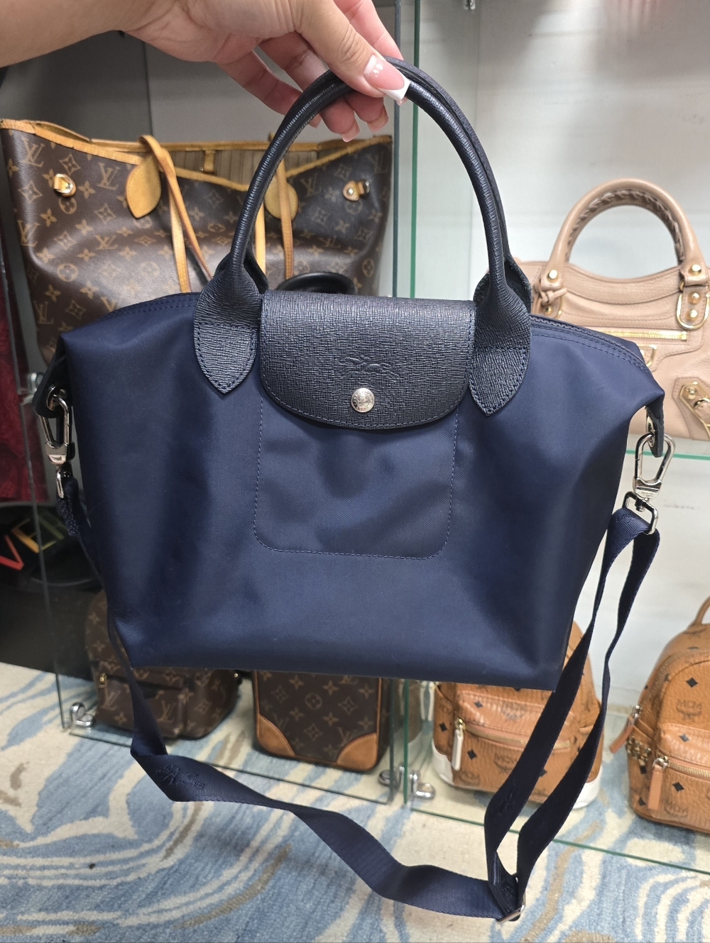 Longchamp Navy Le Pliage Top-Handle Nylon Tote - Picture 2 of 10